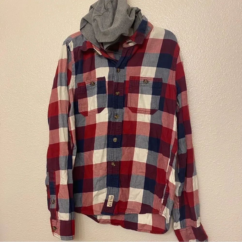 Hollister Men's Red white Blue Plaid Long Sleeve Button Up hoodie 100% cotton S